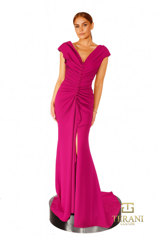 Terani Couture 261E6721 - V-Neckline Ruched Crepe Evening Gown