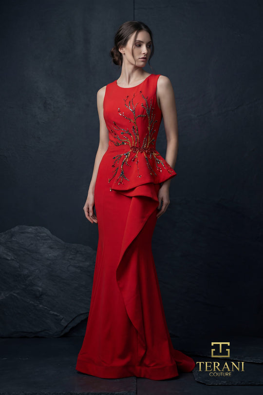 Terani Couture 261E6750 - Beaded Crepe Peplum Evening Dress