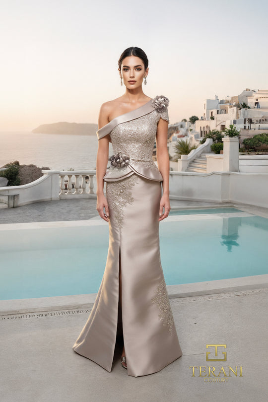 Terani Couture 261M6408 - One Shoulder Satin Peplum Gown