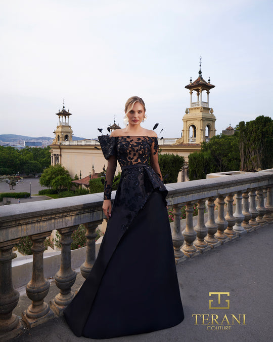 Terani Couture 261M6410 - Feather Accent Illusion Long Sleeve Gown