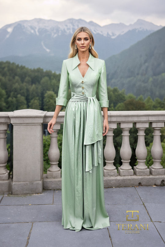 Terani Couture 261M6418 - Collared Waist Tie Taffeta Evening Dress