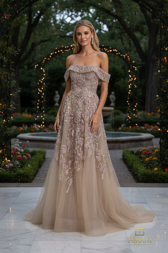 Terani Couture 261M6435 - Beaded Floral Off Shoulder Tulle Gown