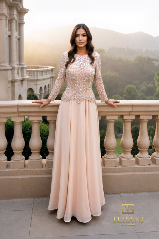 Terani Couture 261M6439 - Embroidered Top Long Sleeve Chiffon Gown