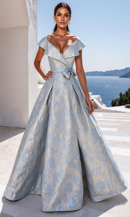 Terani Couture 261M6443 - Deep V-Neckline Jacquard Evening Gown