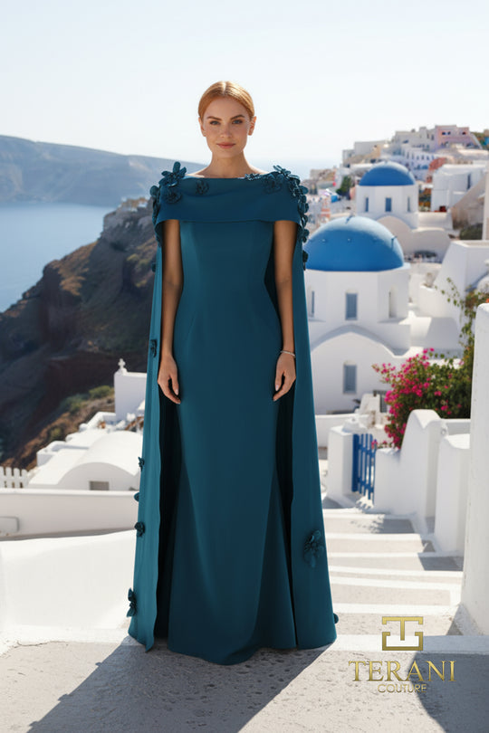 Terani Couture 261M6687 - Bateau Neck Crepe Gown with Cape