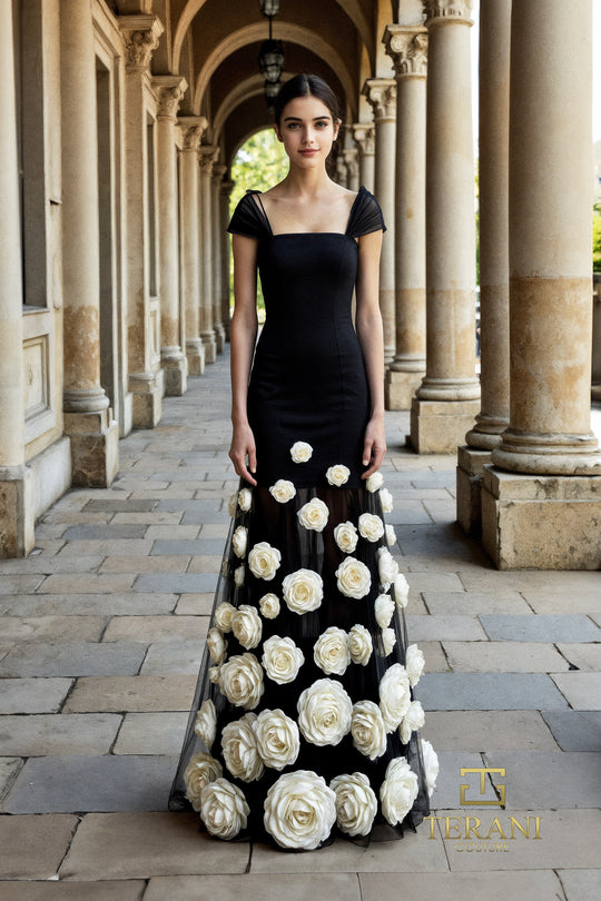 Terani Couture 261P6098 - Square Trumpet Dress with 3D Floral Detail