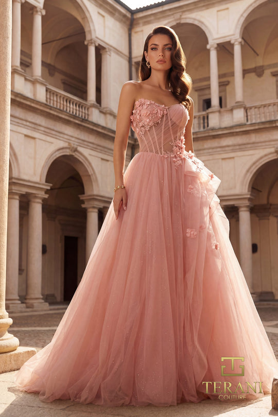 Terani Couture 261P6197 - Lace Applique Strapless Tulle Ballgown