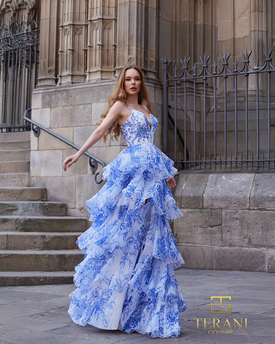 Terani Couture 261P6673 - Print Chiffon Sleeveless Tiered Gown