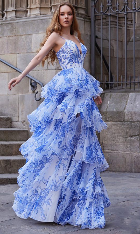 Terani Couture 261P6673 - Print Chiffon Sleeveless Tiered Gown