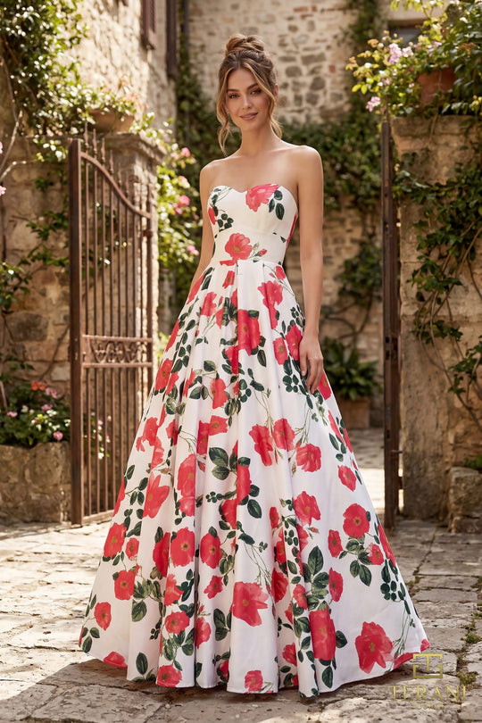 Terani Couture 261P6705 - Box Pleated Skirt Printed Satin Gown