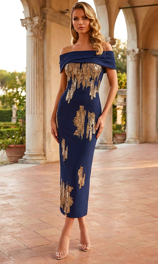 Terani Couture 262C7544 - Abstract Sequin Column Tea-Length Dress