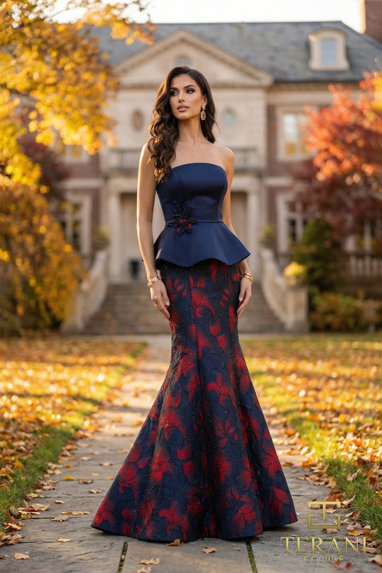 Terani Couture 262E7075 - Floral Jacquard Skirt Peplum Evening Gown