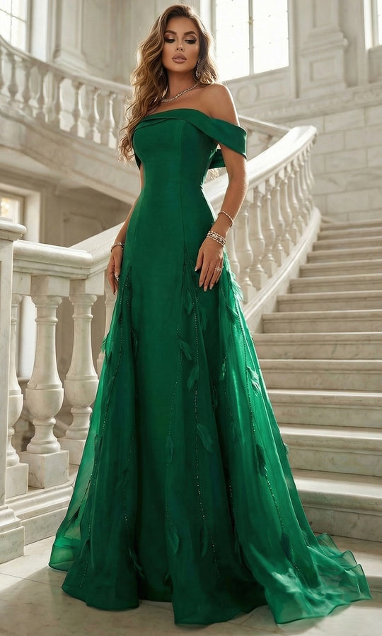 Terani Couture 262E7080 - Feather Applique Off Shoulder Evening Gown