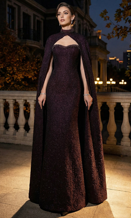 Terani Couture 262E7125 - High Neck Cape Jacquard Evening Gown