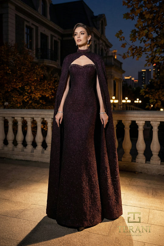 Terani Couture 262E7125 - High Neck Cape Jacquard Evening Gown