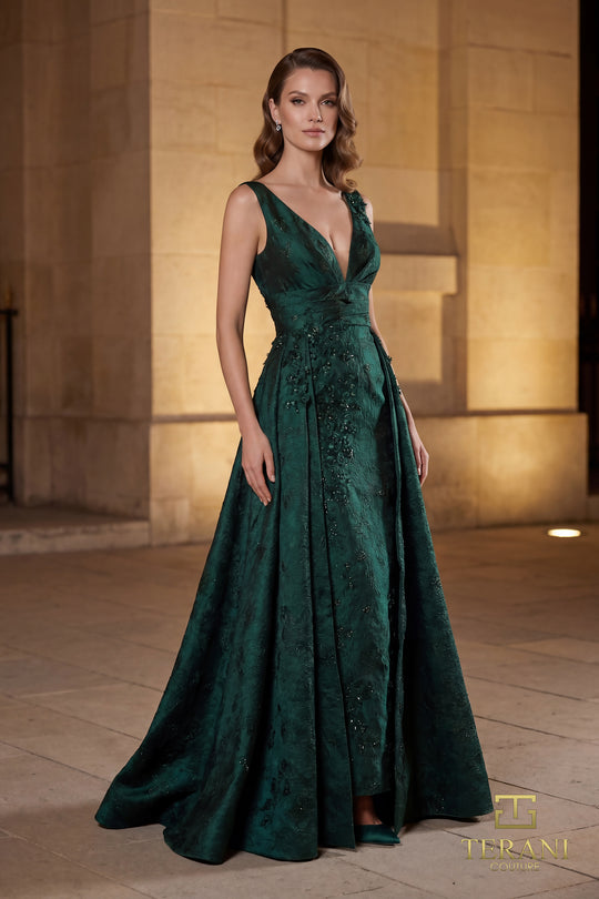 Terani Couture 262E7138 - Sleeveless Jacquard Pleated Overskirt Gown