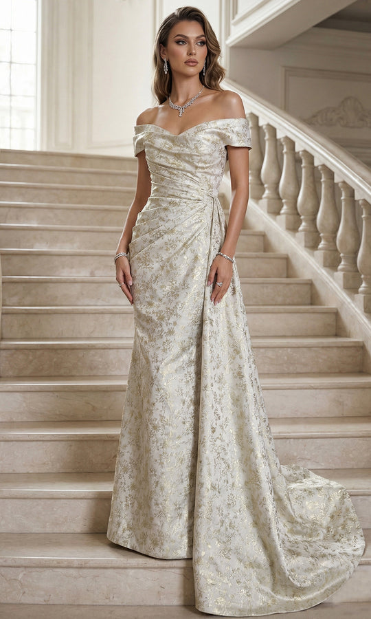 Terani Couture 262E7537 - Off Shoulder Brocade Long Gown