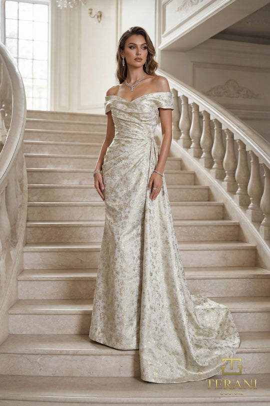 Terani Couture 262E7537 - Off Shoulder Brocade Long Gown