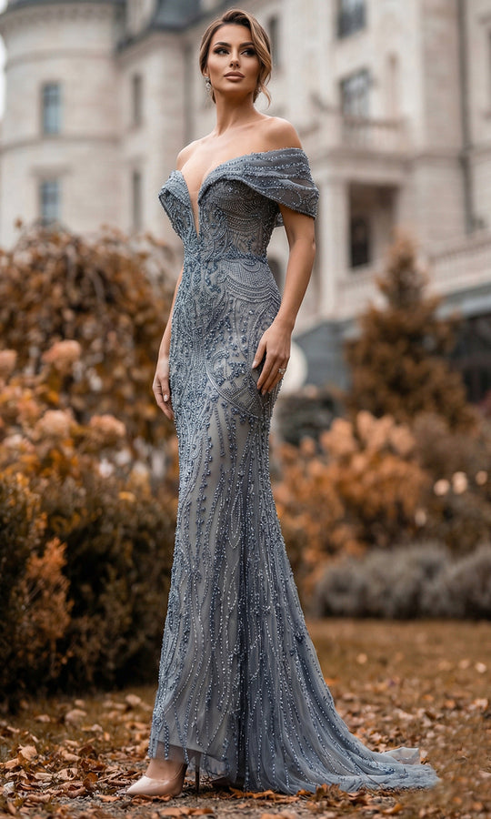 Terani Couture 262GL7169 - Plunging Neck Intricate Beadwork Long Gown