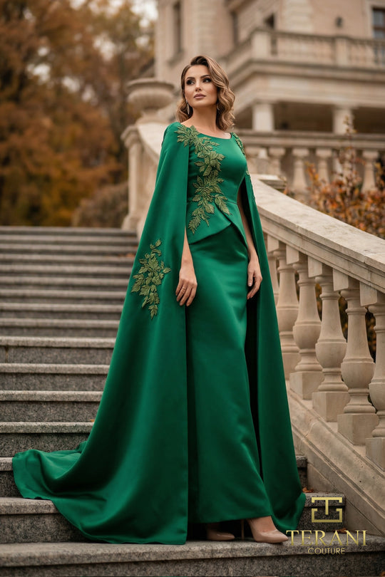 Terani Couture 262M7260 - Cape Sleeve Embroidered Detail Formal Gown