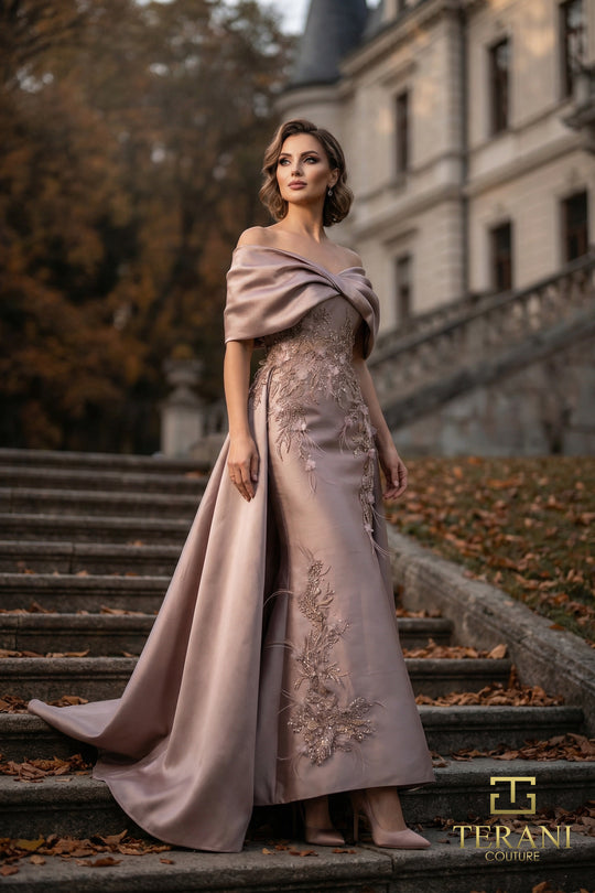 Terani Couture 262M7271 - Wrapped Bodice Off Shoulder Overskirt Gown