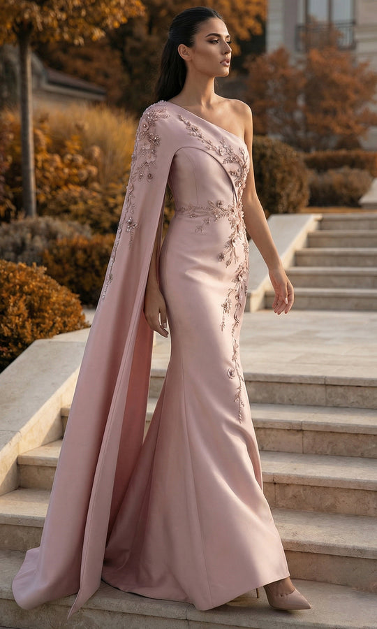 Terani Couture 262M7275 - One Shoulder Cape Beaded Formal Gown