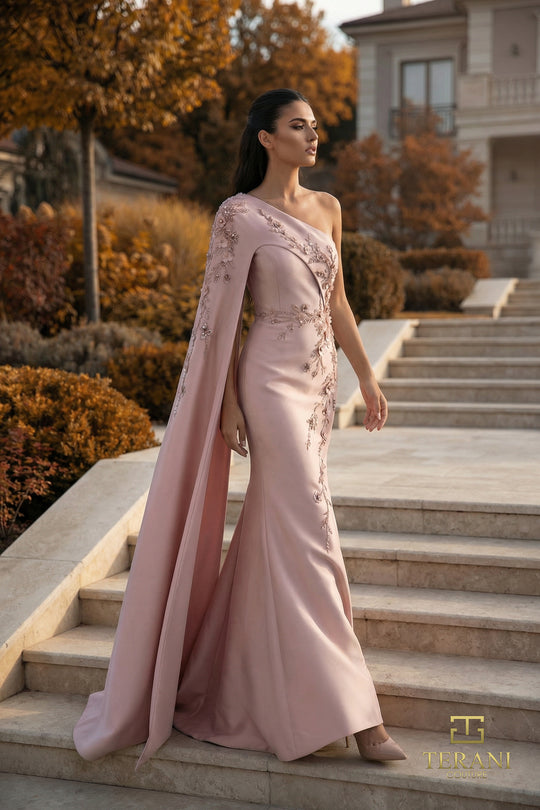 Terani Couture 262M7275 - One Shoulder Cape Beaded Formal Gown