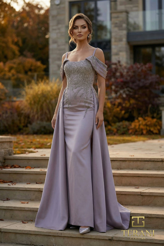 Terani Couture 262M7286 - Beaded Lace Column Overskirt Gown