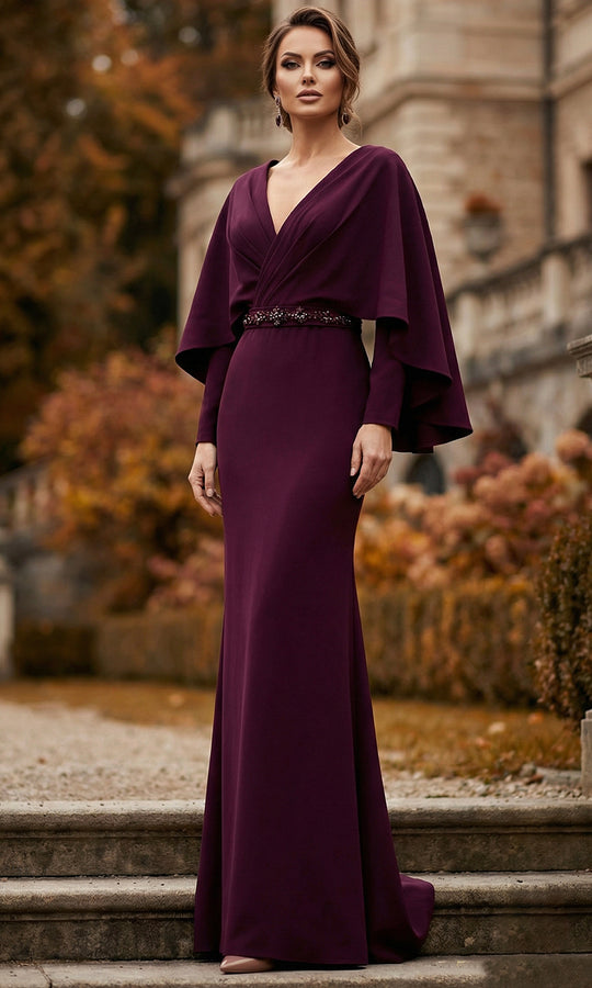 Terani Couture 262M7295 - Sculptural Cape Overlay Surplice V-Neck Gown