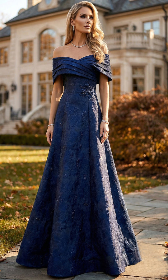 Terani Couture 262M7299 - Pleated Neckline Jacquard Formal Gown