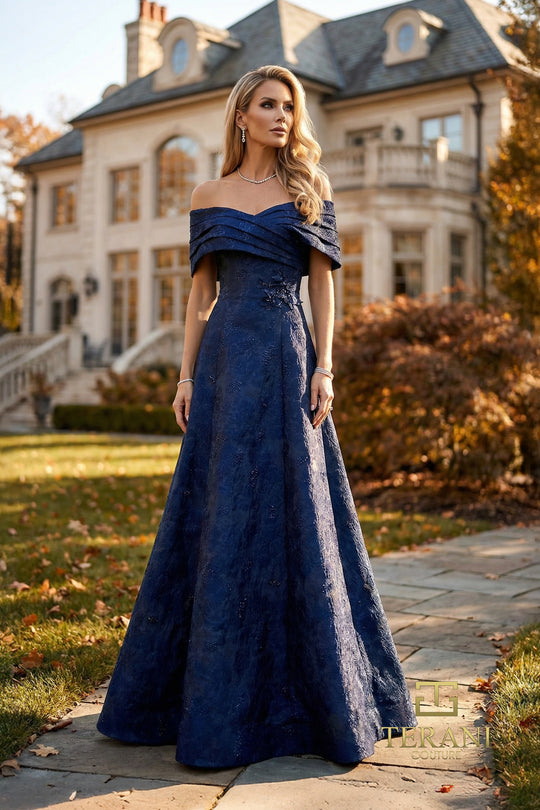 Terani Couture 262M7299 - Pleated Neckline Jacquard Formal Gown