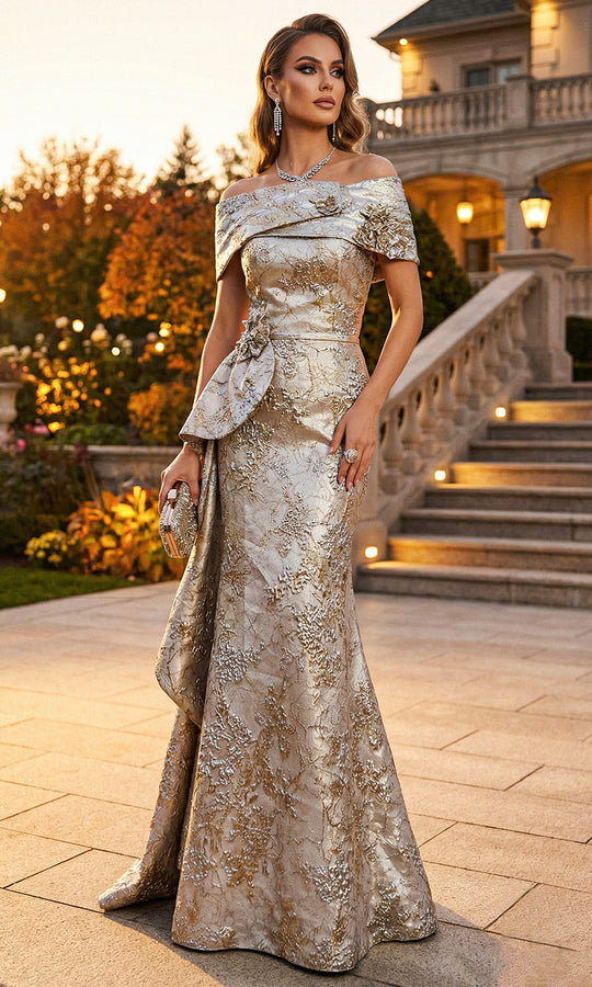 Terani Couture 262M7303 - Jacquard Off Shoulder Trumpet Gown