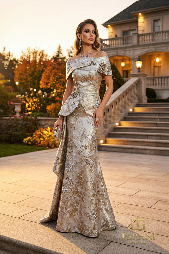 Terani Couture 262M7303 - Jacquard Off Shoulder Trumpet Gown