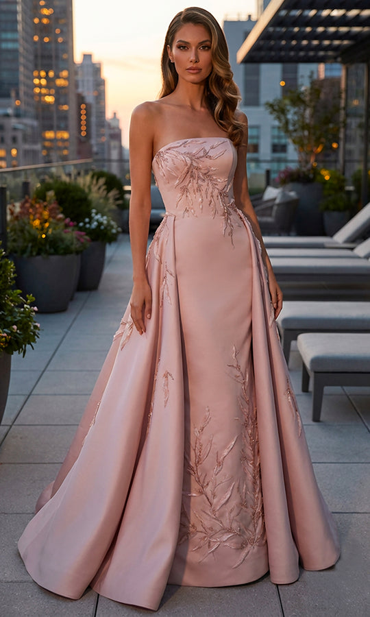 Terani Couture 262M7306 - Strapless Leaf Embroidered Overskirt Gown