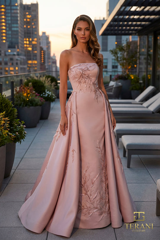 Terani Couture 262M7306 - Strapless Leaf Embroidered Overskirt Gown