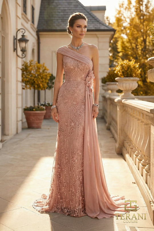 Terani Couture 262M7308 - One Shoulder Beaded Lace Formal Gown