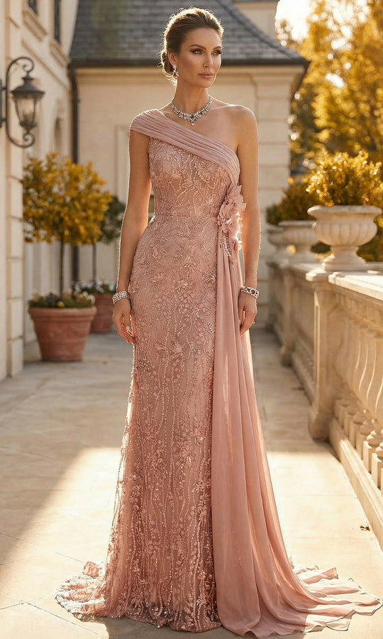 Terani Couture 262M7308 - One Shoulder Beaded Lace Formal Gown