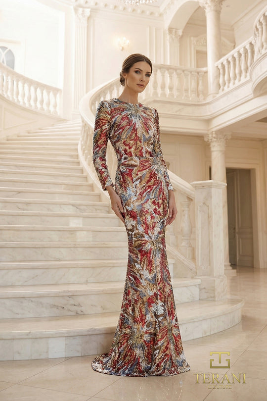 Terani Couture 262M7320 - Starburst Sequin Long Sleeve Evening Gown