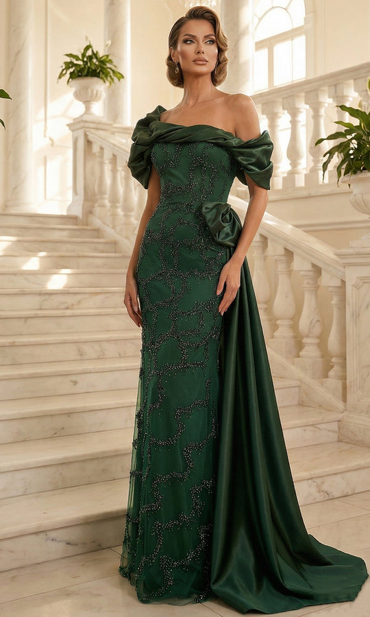 Terani Couture 262M7321 - Asymmetrical Off Shoulder Beaded Formal Gown