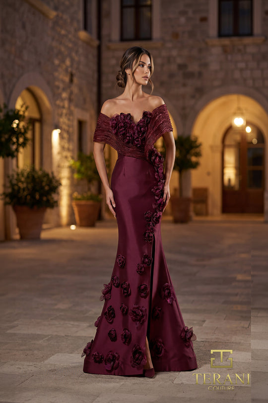Terani Couture 262E7070 - Floral Embellished Pleated Off Shoulder Gown
