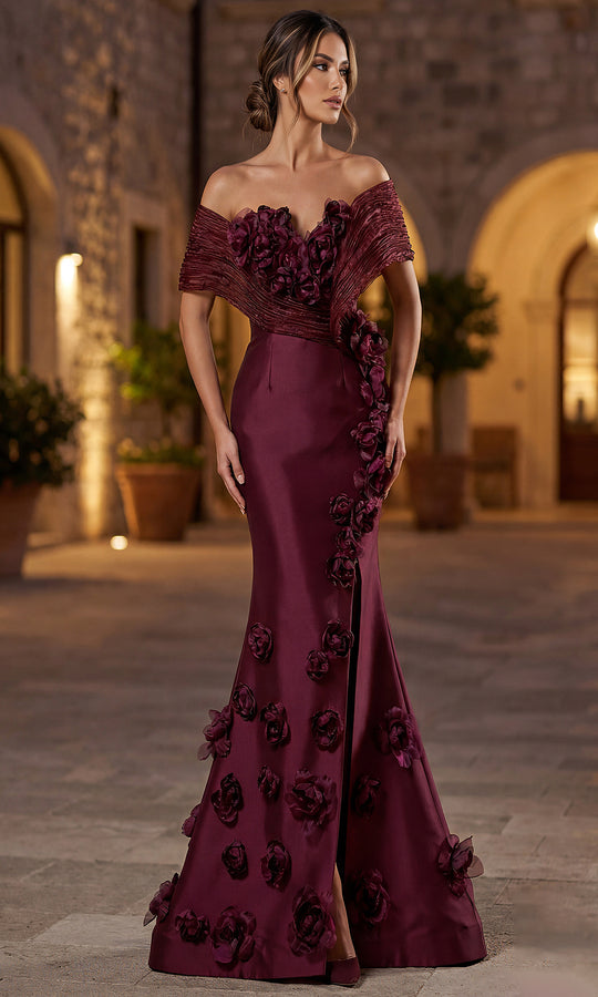 Terani Couture 262E7070 - Floral Embellished Pleated Off Shoulder Gown
