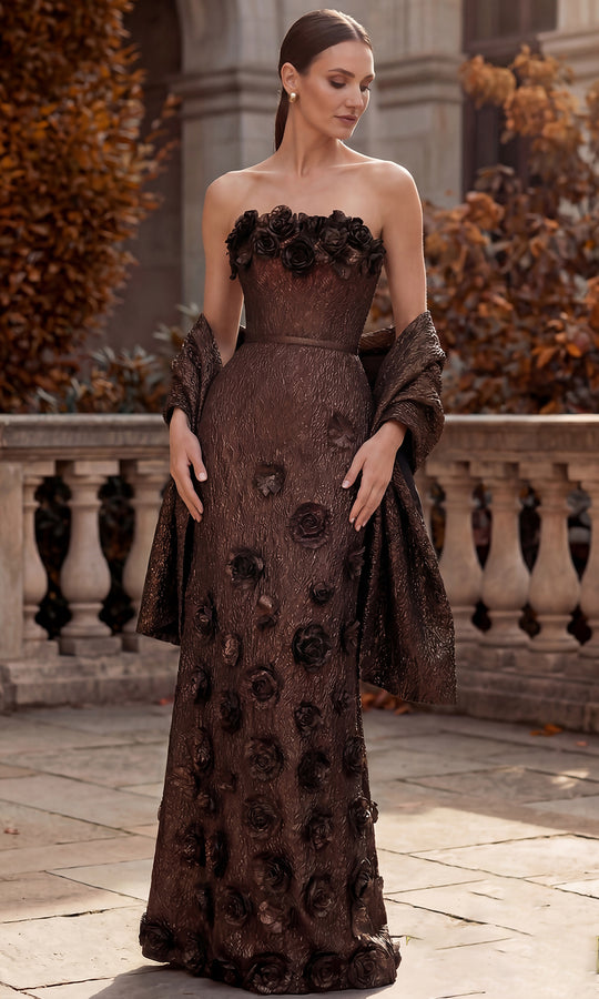 Terani Couture 262E7093 - Rosette Accent Jacquard Column Gown