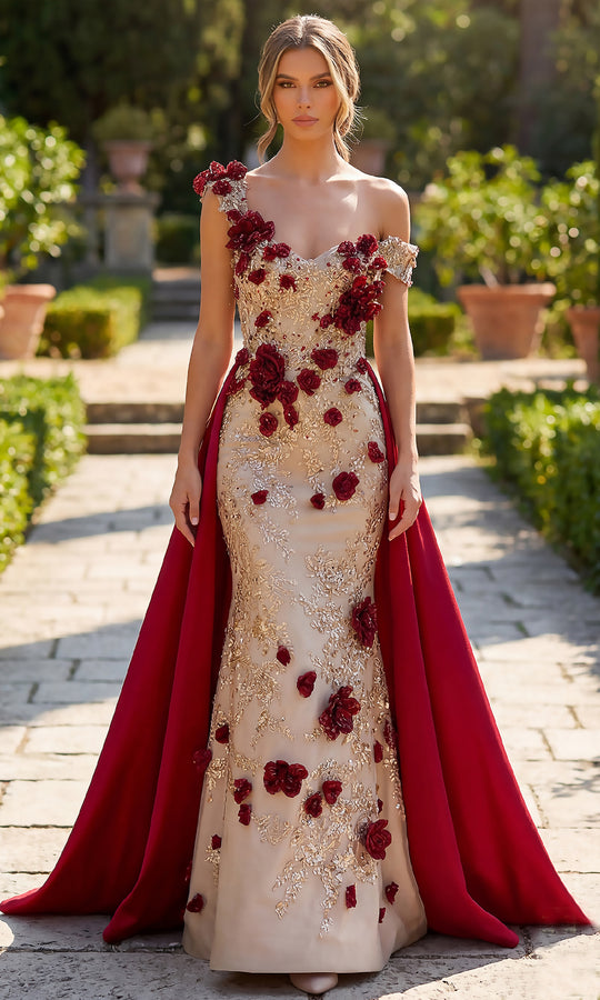Terani Couture 262E7097 - Asymmetrical Sweetheart Floral Long Gown