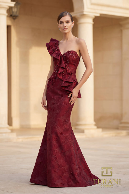 Terani Couture 262E7136 - Ruffled One Shoulder Jacquard Gown