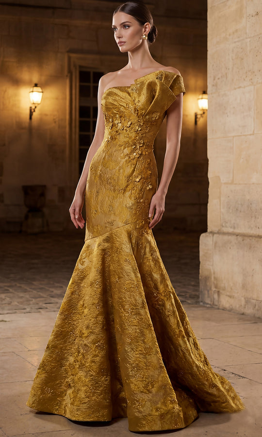 Terani Couture 262E7137 - Asymmetric Floral Applique Jacquard Gown