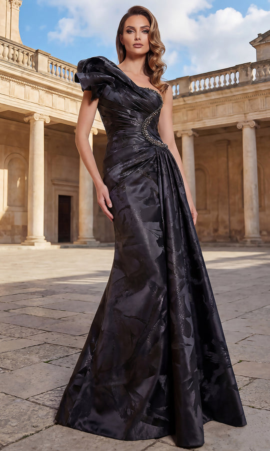 Terani Couture 262E7376 - Jacquard Asymmetrical Trumpet Evening Gown