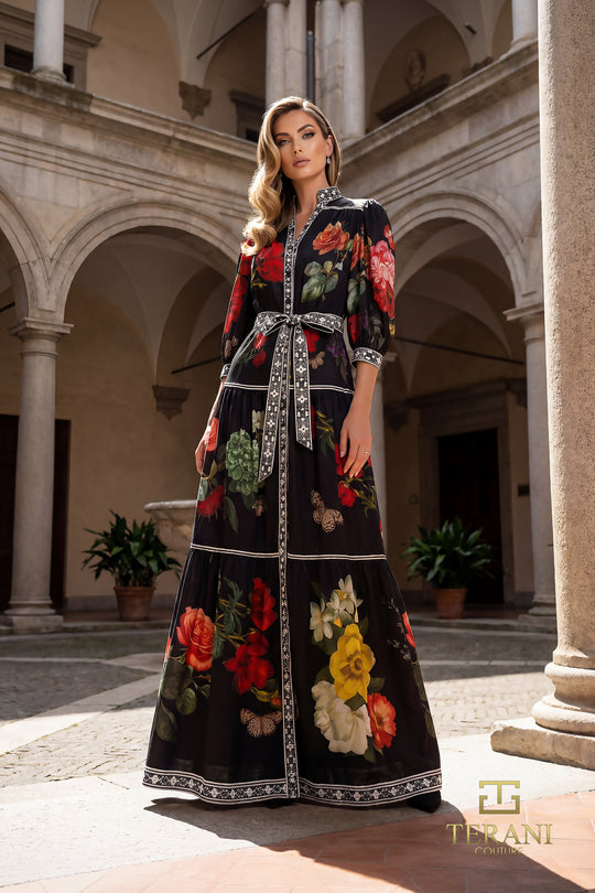 Terani Couture 262E7508 - Floral Mandarin Collar V-Neck Evening Gown