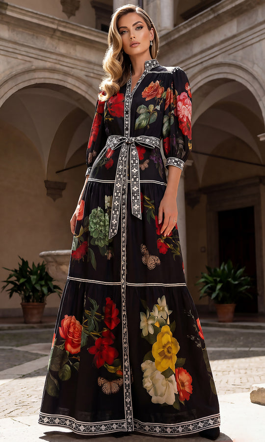 Terani Couture 262E7508 - Floral Mandarin Collar V-Neck Evening Gown