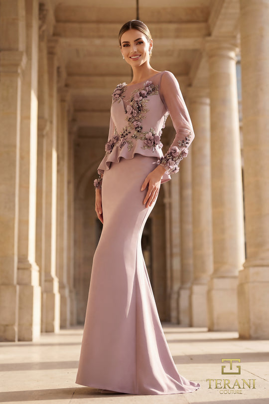 Terani Couture 262M7257 - Illusion Bateau Floral Applique Formal Gown