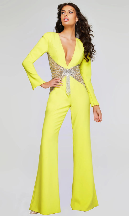 Jovani 26318 - Beaded Illusion Waist V-Neck Jumpsuit